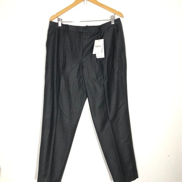 Theory Pleat Treeca Pant Sleek Flannel 2 Wool Charcoal New Melange NWT  12 - Picture 4 of 13